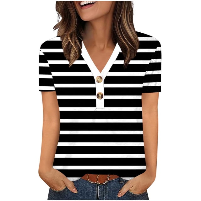 Chemise à Manches Courtes à Col en V pour Femmes, Haut Imprimé en Polyester avec devant à Boutons, Longueur Régulière, Coupe Amincissante Échancrée, Noir, P