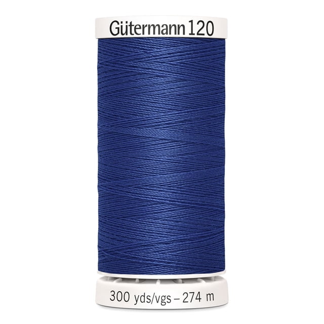 Gutermann 120 100% polyester all purpose thread spool in blue, tightly wound on a white plastic spool labeled 'Gütermann 120' and '300 yds/vgs – 274 m', suitable for machine and hand sewing woven, knit, and synthetic fabrics, also ideal for craft and DIY projects.