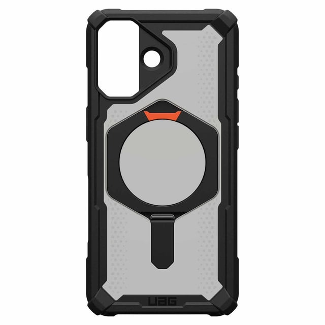 UAG Plasma XTE MagSafe Rugged Case Black/Pop Orange for iPhone 17 shown from the back with a grey composite panel and black antimicrobial TPU bumper featuring reinforced airsoft corners. Includes a built-in MagSafe magnet with pop orange accent and integrated kickstand for multiple viewing angles. Oversized tactile buttons and precise cutouts allow easy access to ports and wireless charging compatibility. Designed for military-grade drop protection and suitable for hands-free video calls.