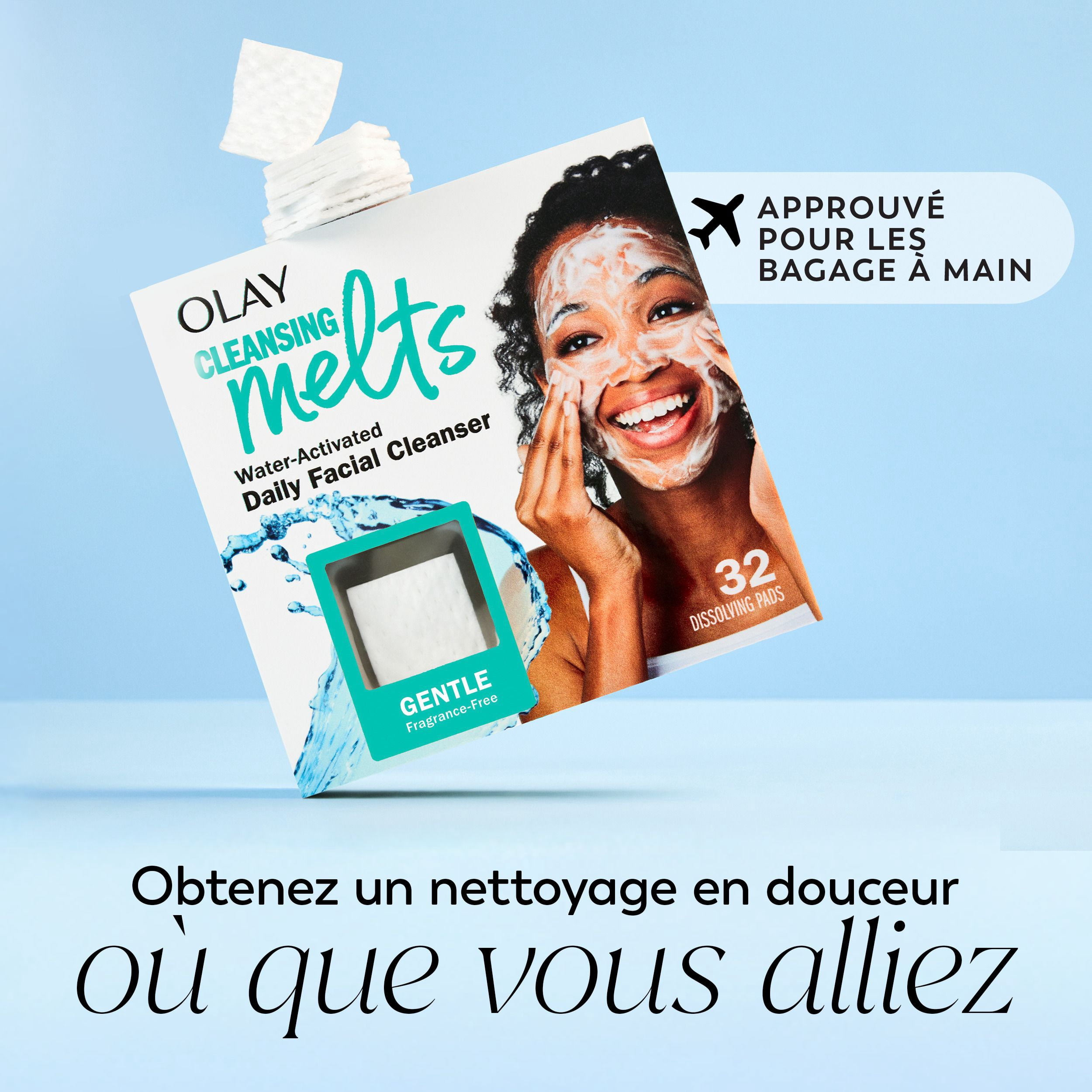 Nettoyant Pour Le Visage Olay, Nettoyant Fondant + Nettoyant Doux Pour Le Visage, Activé Par L’Eau, Nettoie, Tonifie Et Rafraîchit La Peau, Sans Parfum, Peau Sensible, 32 Unités