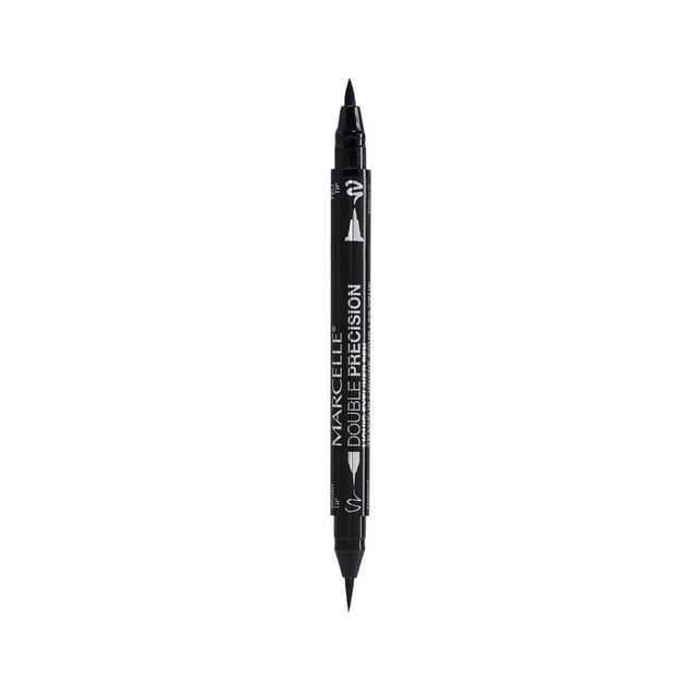 Marcelle Double Precision Liquid Eyeliner - Black front-facing close-up of a slim black liquid eyeliner pen with a visible fine precision tip and angled cap on a neutral light background. Hypoallergenic and tested under ophthalmological control; suitable for sensitive eyes and contact lens wearers; often used for precise winged liner or quick travel touch-ups.