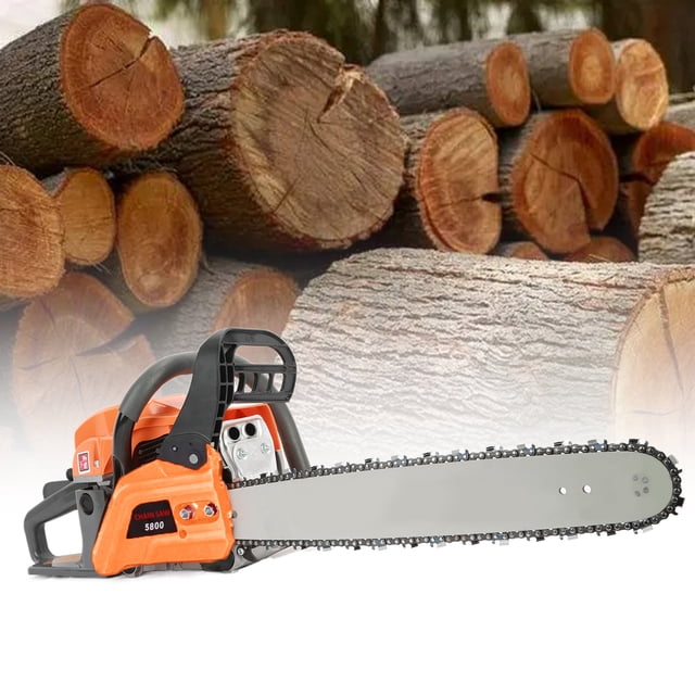 58CC 20" Gas Chainsaw by Musbetu, featuring a 20-inch sprocket nose guide bar and a high-power gas-powered engine with 2kw/8500rpm maximum power. Made of durable plastic and metal, it includes a comfortable handle for ease of use. The chainsaw is shown in a front-facing view with its orange and black body and silver chain bar, set against a background of stacked logs, emphasizing its use for tasks like tree pruning and firewood preparation. Package includes a guide bar cover, chain, installation kit, oil can, funnel, and user manual.