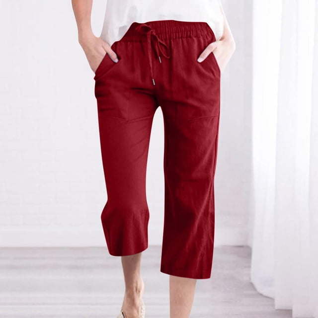 DPTALR Womens Casual Solid Color Elastic Loose Pants Straight Wide Leg Trousers With Pocket