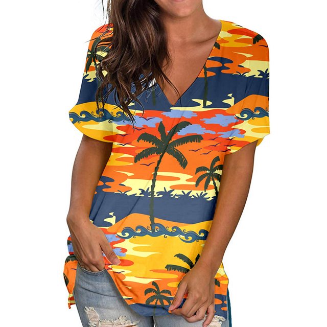 Débardeurs Grande Taille pour Femmes Col Rond Imprimé T-Shirts Manches Courtes Blouse Ample Col en V T-Shirt Femmes en Solde