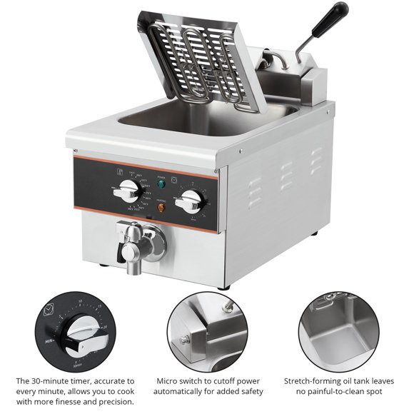 6L Electric Deep Fryer, Commercial Deep Fryer with Oil Drain, 1600W, Timer, Heavy-Duty Design, Large Capacity Countertop Fryer, Professional Quality for Home Kitchen and Restaurant