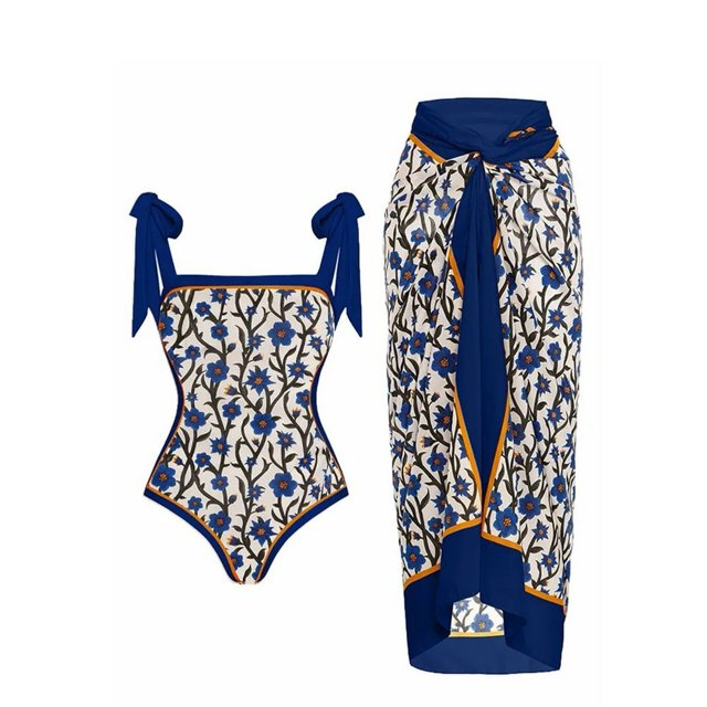 Maillot de Bain une Pièce pour Femmes avec Jupe de Plage Paréo Imprimé Floral Rétro Ensemble Bikini Deux Pièces