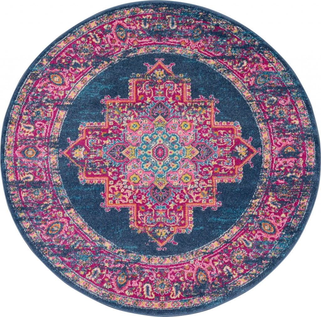 homeroots home decor 385253 4’ Round Blue and Pink Medallion Area Rug