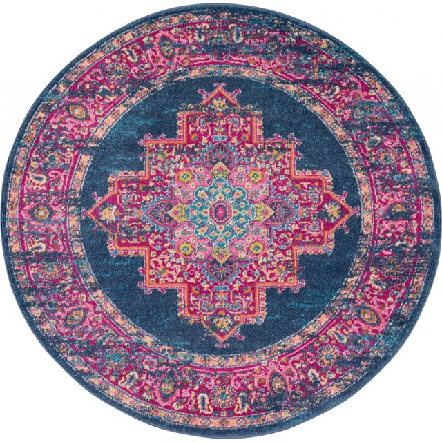 homeroots home decor 385253 4’ Round Blue and Pink Medallion Area Rug
