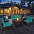 thumbnail image 1 of Gymax 7PCS Rattan Patio Sectional Furniture Set w/ 30'' Fire Pit Table & Turquoise Cushion, 1 of 6