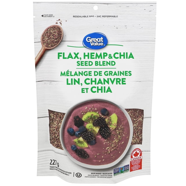 Great Value Mélange de Graines de Lin, de Chanvre et de Chia dans un Sachet Refermable Montrant une Cuillère en Bois avec le Mélange de Graines et un Bol de smoothie Garni de kiwi, de Mûres, de Bleuets et de Graines Saupoudrées, une source d'Acides Gras Polyinsaturés Oméga-3 et Vérifiée non-OGM, Idéal pour Ajouter de la texture au Yogourt, aux Salades Ou aux smoothies.