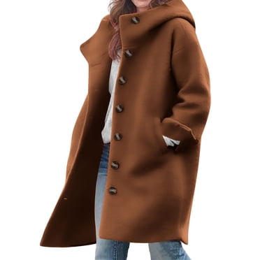 Women's Casual Wool Blend Hooded Coat with Button Front and Long Sleeves, Warm Outerwear with Pockets for Fall and Winter Seasons
