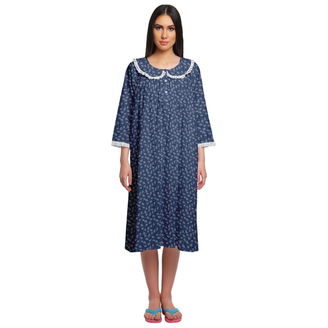 Moomaya Cotton Sleepwear For Ladies Printed Round Neck Button Placket Nightdress