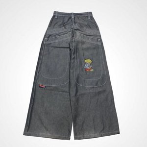 JNCO Skateboard Style White-haired Boy Comic Pattern Embroidered Jeans Men‘s Low-waist Wide-leg Mopping Pants Harajuku Street LS