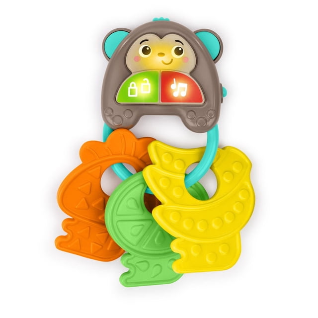 Bright Starts MonKeys Jouet Électronique Musical avec un Visage de Singe Souriant, Doté de Boutons Lumineux pour Verrouiller et Sons Musicaux, Attaché à un Anneau Bleu Tenant Trois Touches Texturées en Forme de Fruit en orange, Vert et Jaune, Conçu pour Stimuler les Sens Tactiles, Visuels et Auditifs des Bébés.