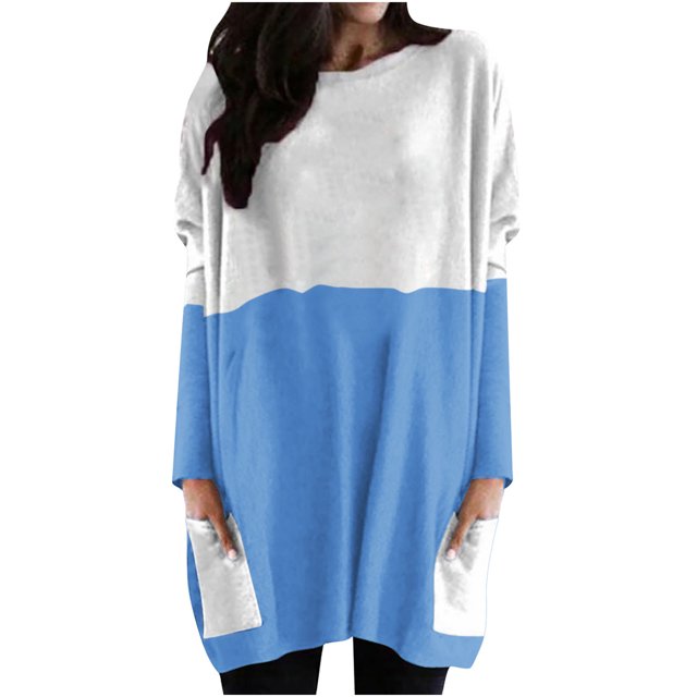 Diufon Fall Tunics for Women Trendy Color Block Blouses Round Neck Long Sleeve Tops with Pockets