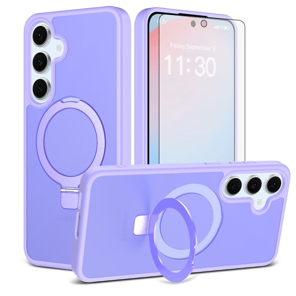 Asuwish Phone Case for Samsung Galaxy S24 FE 5G Tempered Glass Screen Protector Magnetic Folding Stand Frosted Translucent Rugged Shockproof Protective Cell Cover S 24 EF S24FE 24S Women Men Purple