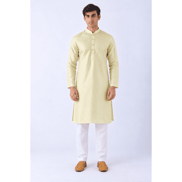 DWEEP SARA Kurta Long pour Hommes en Mélange de Soie Vert Brodé Coupe Droite 38 Tenue Ethnique Festive avec Fentes Latérales