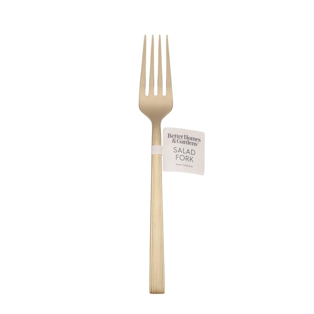 BHG River Gold Satin Salad Fork in matte gold stainless steel with four elongated tines and a ribbed ergonomic handle, part of flatware and cutlery for refined dining and salad serving, suitable for everyday use.