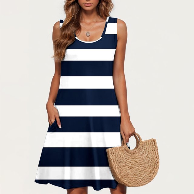 Ovzne Robes pour Femmes Robe Décontractée pour Femmes Grande Taille Sans Manches à Col Rond Robe Courte à Rayures Robe Grande Taille Liquidation