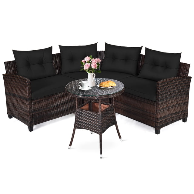 Patiojoy 4PCS Outdoor Patio Conversation Set Wicker Rattan Sectional Sofa W/Black Cushions