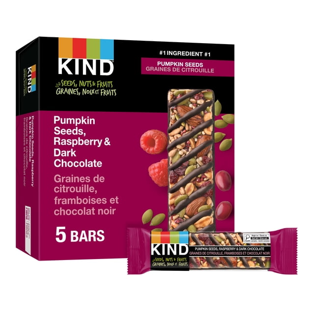 KIND Seeds Fruit & Nuts Bars, Pumpkin Seeds, Raspberry & Dark Chocolate, 40g, 5 Count Box showing maroon and black packaging with an image of a snack bar topped with pumpkin seeds, almonds, peanuts, dried raspberries, and dark chocolate drizzle. The box contains five individually wrapped gluten-free bars with pumpkin seeds as the main ingredient, ideal for a nutritious on-the-go snack and suitable for a quick energy boost.