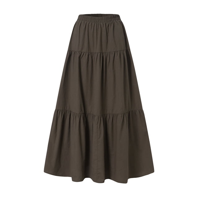 Wangsaura Women's Maxi Skirts Casual Elastic High Waisted A Line Ruffle Flowy Dresses Simple Style Bottoms