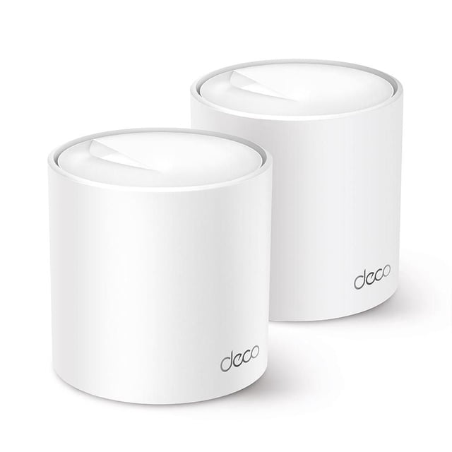 TP-Link Deco X50 AX3000 Whole Home Mesh Wi-Fi 6 System 2 Pack with two white cylindrical mesh Wi-Fi units featuring a matte finish and 'deco' logo, designed for seamless mesh network coverage up to 4,500 sq ft and speeds up to 3.0 Gbps, suitable for homes with multiple devices.
