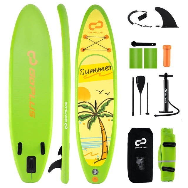 Goplus Small Inflatable SUP Board in green, measuring 10' x 30" x 6", designed for youth and adults. The board features a vibrant tropical design with a palm tree and sunset graphic, 5 D rings for securing accessories, and a durable PVC construction. Includes an adjustable paddle (65.5" to 82"), a hand pump with a pressure gauge, a backpack, a leash, a repair kit, a spanner, and a removable fin. Suitable for activities like yoga, fishing, and surfing. Portable and inflatable for easy storage.