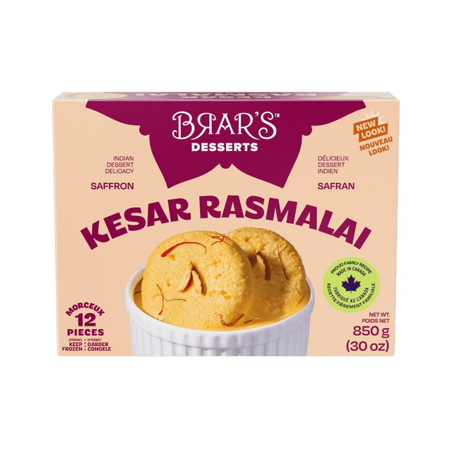 BRAR'S KESAR RASMALAI packaging showing 12 pieces of saffron-flavored Indian dessert made of flattened cheese curds soaked in clotted cream and garnished with pistachios, net weight 850 g (30 oz), made in Canada with new box design.