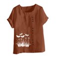 thumbnail image 4 of QATAINLAV Hauts en Coton et Lin pour Femmes 2025 Col Rond Manches Courtes Retroussées T-Shirt Tendance à Imprimé Floral Blouse Décontractée Coupe Ample Tenues des Fêtes Ventes du Jour d'Aujourd'hui Café m, 4 of 5