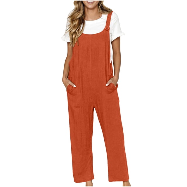 yoeyez Womens Rompers And Jumpsuits,Womens Cotton Linen Fashion Baggy Playsuit Jumpsuit Solid Color Buttons Straps Backless Overalls With Pockets Orange,S
