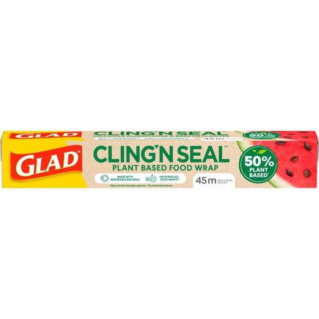 Glad 50% Plant-Based Cling ‘N Seal Food Wrap box in yellow and beige packaging with green text and a watermelon image, containing 45 meters of plant-based cling wrap made from renewable sugarcane to help reduce food waste and maintain freshness.