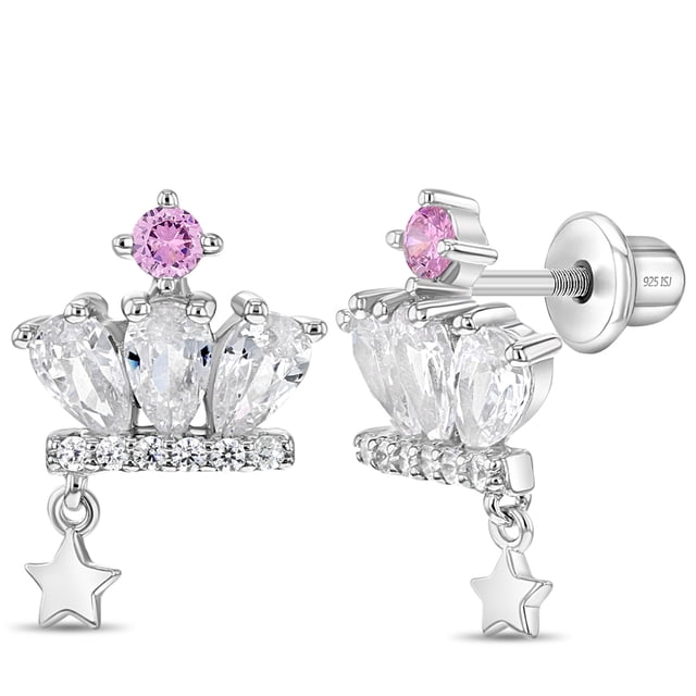 Crown & Star CZ Dangle Kids / Girls Earrings Screw Back - Sterling Silver