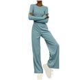 thumbnail image 1 of Timegard Tenues de Détente pour Femmes Manches Longues Col Rond Couleur Unie Hauts Courts Taille Élastique Pantalons Larges Ensembles, 1 of 6