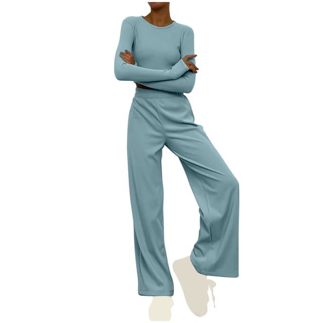 Timegard Tenues de Détente pour Femmes Manches Longues Col Rond Couleur Unie Hauts Courts Taille Élastique Pantalons Larges Ensembles