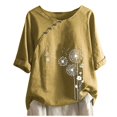 thumbnail image 3 of CHOK Hauts pour Femmes en Liquidation à Moins de 5 $ Hauts pour Femmes Décontractés Printemps Été Manches 3/4 Coton Lin Imprimé Graphique Pissenlit Col Ras du Cou Blouses Vintage Hauts Grande Taille, 3 of 4