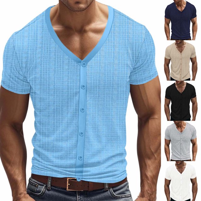 Txeol Vacation Sale Button Down Linen Shirts for Men Casual Short Sleeve V Neck Tops 2025 Summer Solid Color Lightweight Muscle Tees,Khaki,XXL