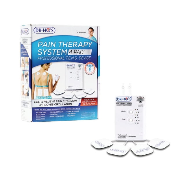 DR-HO'S Pain Therapy System 4 Pad professional TENS device with white control unit featuring mode and time dials, connected to four white adhesive electrode pads branded DR-HO'S, shown alongside its blue and white retail box highlighting pain relief for back, neck, shoulder, and joint pain.