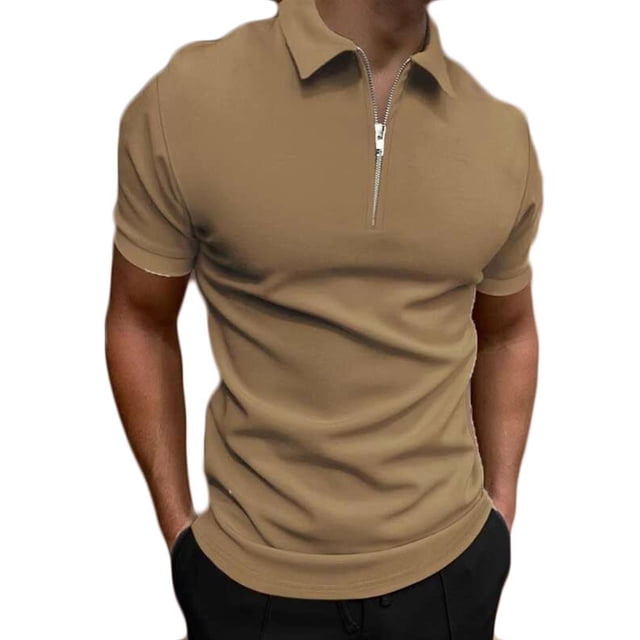EGNMCR Men Casual Solid Turndown Pullover Patchwork Zipper Short Sleeve Blouse