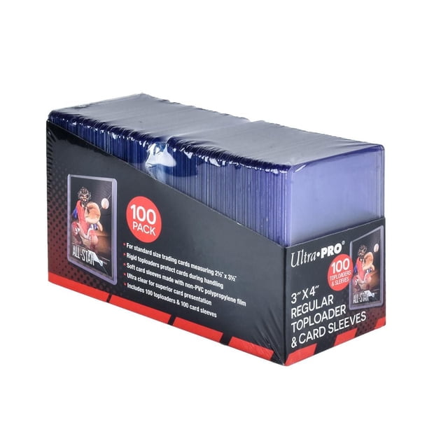 Ultra PRO 3 Pouces x 4 Pouces Ensemble de Toploaders Réguliers Transparents et de Pochettes Souples (100 Ct) pour Cartes de Format Standard Toploaders Rigides Transparents 3 Pouces x 4 Pouces en PVC (100) et Pochettes Souples Transparentes 2,5 Pouces x 3,5 Pouces en Polypropylène (100) pour Cartes à Échanger Standard 2-1/2 Pouces x 3-1/2 Pouces, Convient jusqu'à 35pt. Convient au Rangement, à l'Exposition et au transport; Souvent Utilisé pour Protéger les decks de Collection