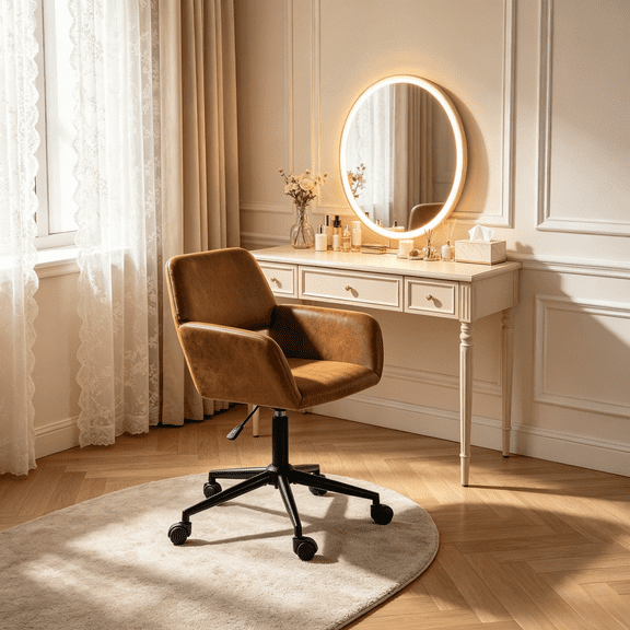Homy Casa Chaise de Maquillage Réglable avec Accoudoirs, Pivotante à 360°, Roulettes, Aspect Suède Brun, 250 lb