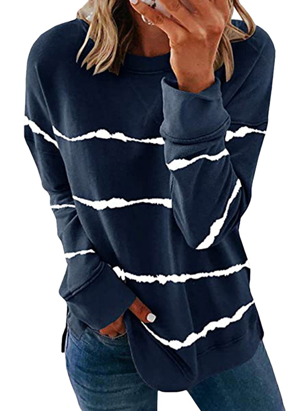 Women Long Sleeve Stripe Tie Dyed Printed Split Pullover Tops