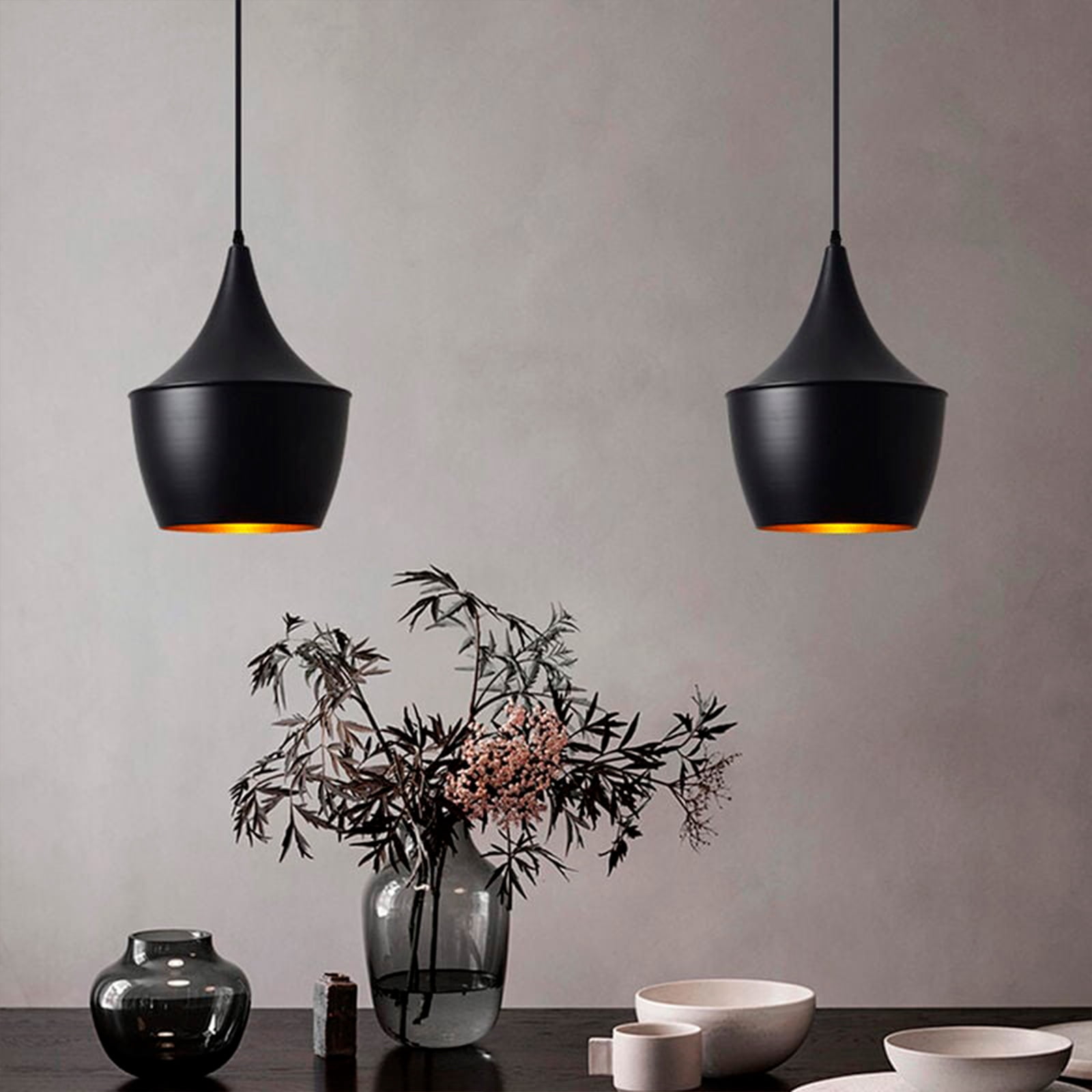 Heavenly Collections | Suspension Larme Moderne - Plafonnier Suspendu Noir Mat Style Mid-Century - Lustre Goutte Contemporain avec Intérieur en Feuille d'Or Martelée