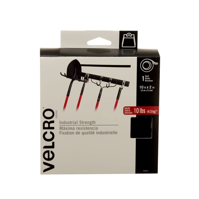 VELCRO® Brand Heavy Duty Industrial Strength Tape packaging showing a 10 ft by 2 in roll of black fastener tape with industrial strength adhesive holding up to 10 lbs, water resistant and ideal for organizing supplies on smooth surfaces like glass, metal, and plastic.