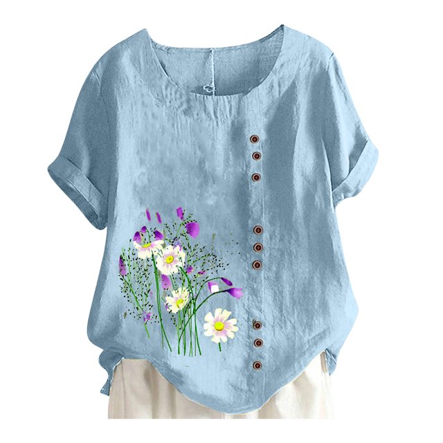 LUOGENLI T-shirts pour Femme pour Femmes Nouveau Coton et Manches Courtes Haut à Boutons Col Rond T-Shirt Imprimé T-shirts pour Femmes T-Shirt Graphique Saint-Valentin Bleu TTG