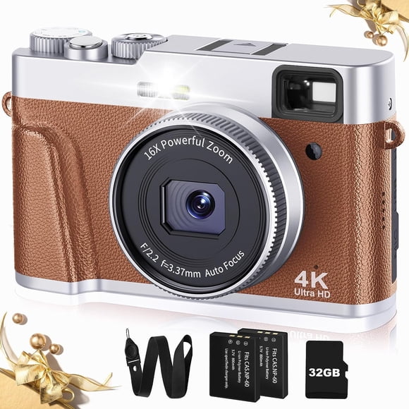 Appareil Photo Numérique 4K avec Viseur, Flash et Molette, Appareil Photo Numérique 48MP pour Photographie et Vidéo, Mise au Point Automatique Anti-Tremblement, Appareil Photo de Voyage Portable avec Carte SD 2 Batteries, Zoom 16X Appareil Photo pour Vlogue