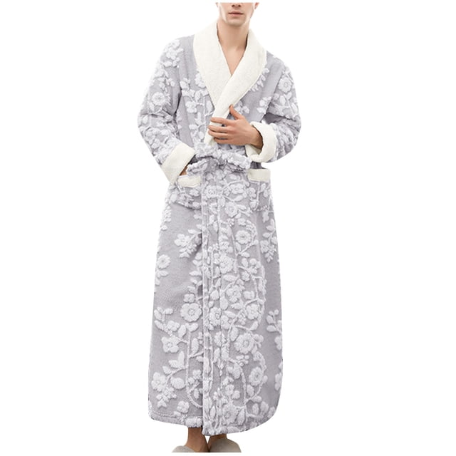 Penkiiy Mens Plush Bathrobe Warm Fleece Soft Long Robe Fuzzy Full Length Gown Shower for Mmen M Silver