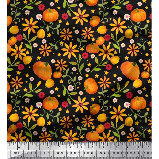 Soimoi Polyester Crepe Fabric Leaves,Floral & Pumpkin Vegetable Print Sewing Fabric Yard 52 Inch Wide