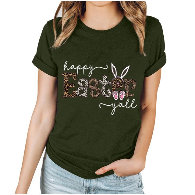 EGNMCR Chemises de Pâques pour Femmes Manches Courtes Imprimé de Pâques Manches Courtes Col Rond T-Shirts pour Femmes