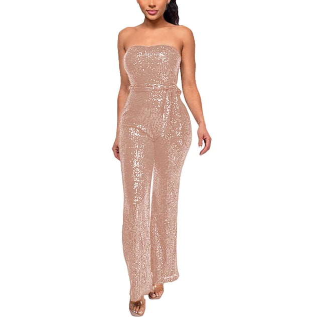 Wdgfv Robe à Paillettes pour Femmes Sans Manches, Combinaison Sans Bretelles à Paillettes pour Soirée, Or Rose, TTG